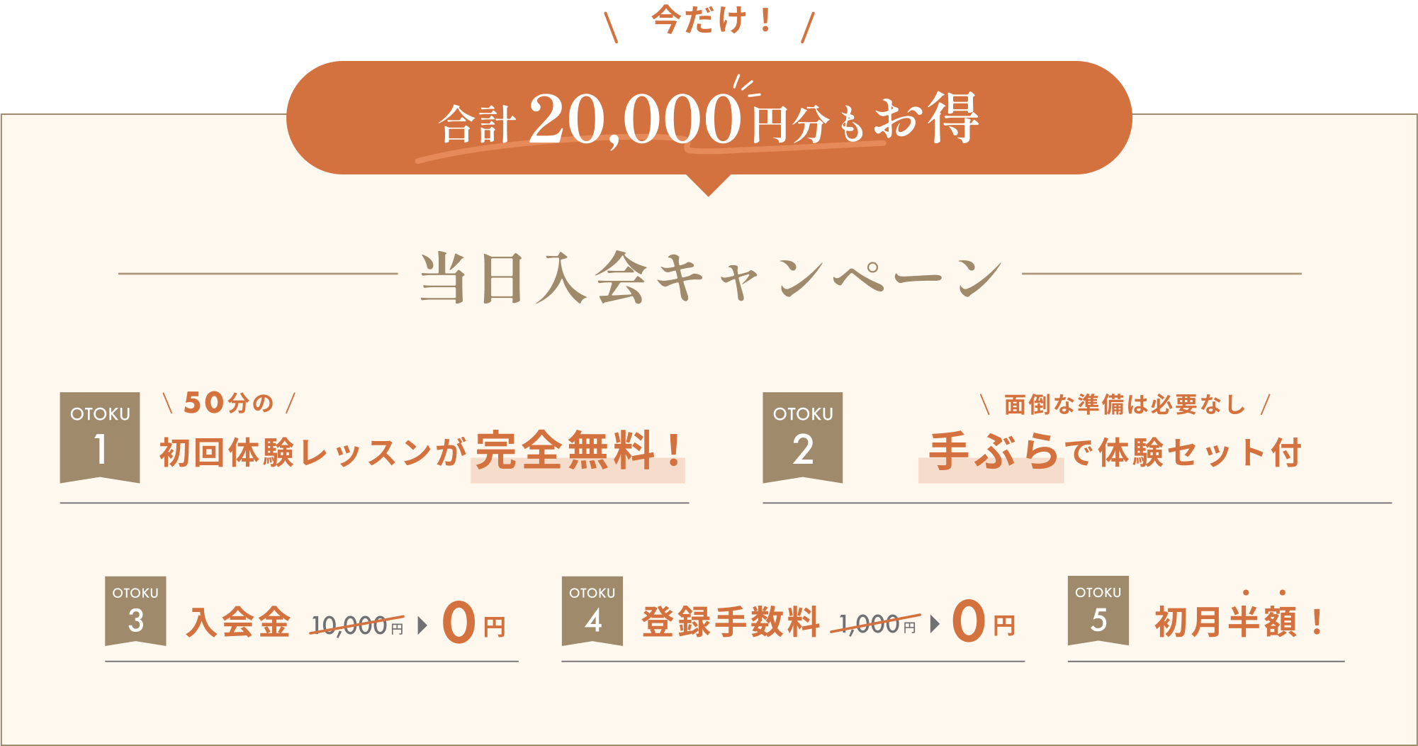 今だけ!合計20,000円分もお得OTOKU50分の無料!初回体験レッスンOTOKU面倒な準備は必要なし2手ぶらで体験セット付OTOKU3入会金10,0000円円OTOKU4登録手数料1,0000円円OTOKU5初月半額!